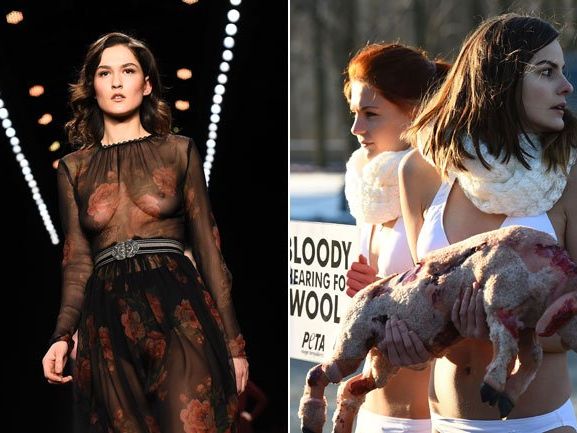 Lena Hoscheks neue Kollektion - Protest der Peta-Aktivistinnen. Lena Hoscheks neue Kollektion - Protest der Peta-Aktivistinnen.