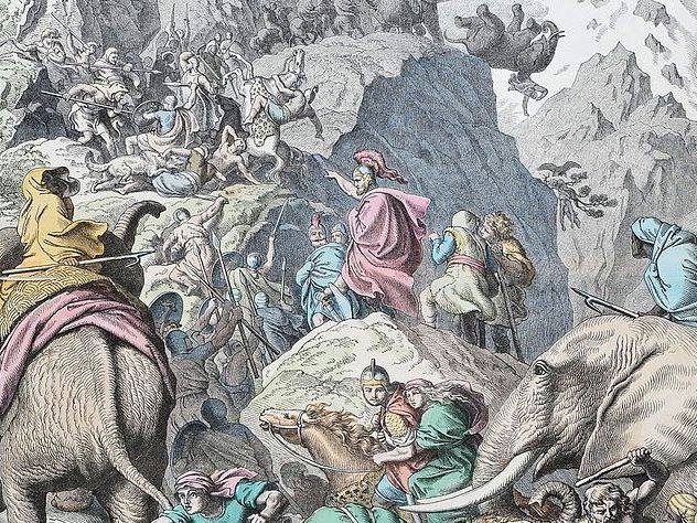 Hannibals Übergang über die Alpen (kolorierter Holzschnitt von Heinrich Leutemann, 1866) Hannibals Übergang über die Alpen (kolorierter Holzschnitt von Heinrich Leutemann, 1866)