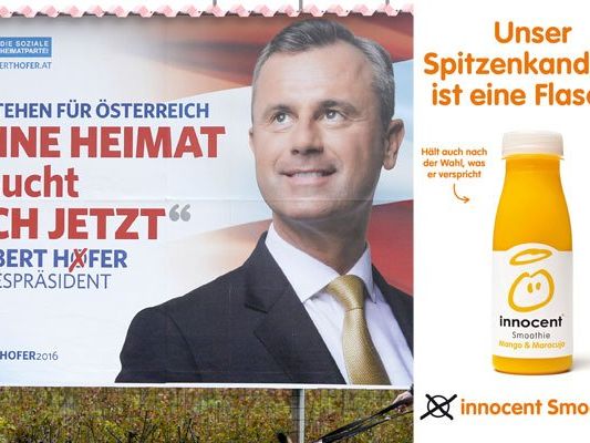Die neuen Innocent-Sujets hängen teils Seite an Seite mit Wahlkampf-Plakaten der verschiedenen BP-Wahl-Kandidaten Die neuen Innocent-Sujets hängen teils Seite an Seite mit Wahlkampf-Plakaten der verschiedenen BP-Wahl-Kandidaten