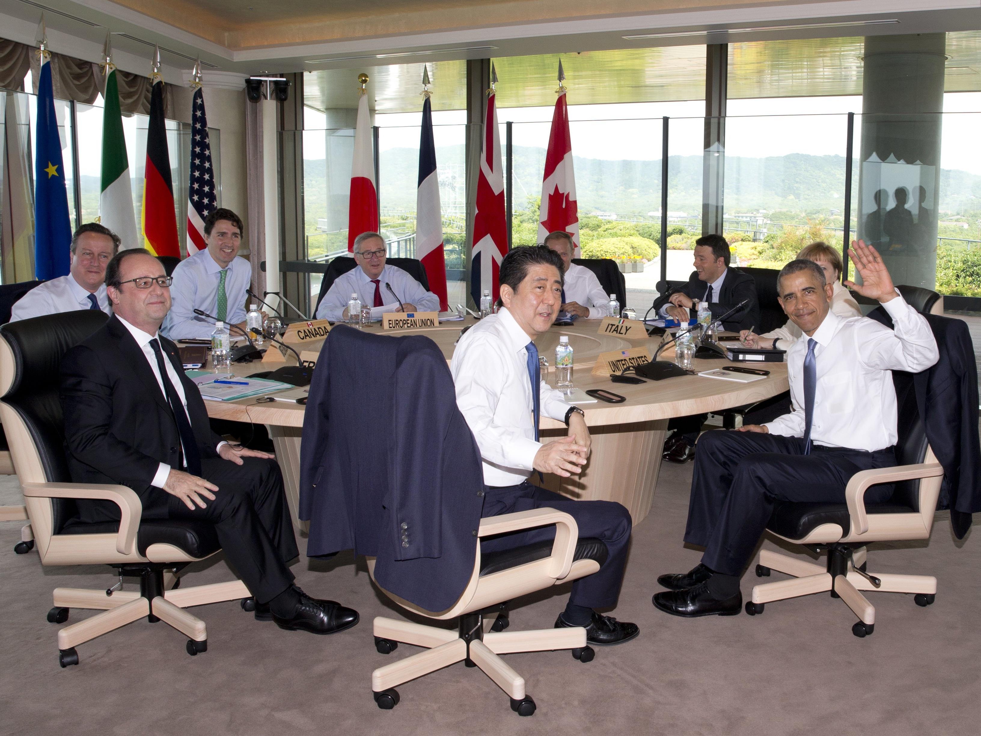 Barack Obama, Shinzo Abe, Francois Hollande, Angela Merkel, Matteo Renzi, David Cameron, Justin Trudeau, Donald Tusk, Jean-Claude Juncker beim G7-Treffen.
