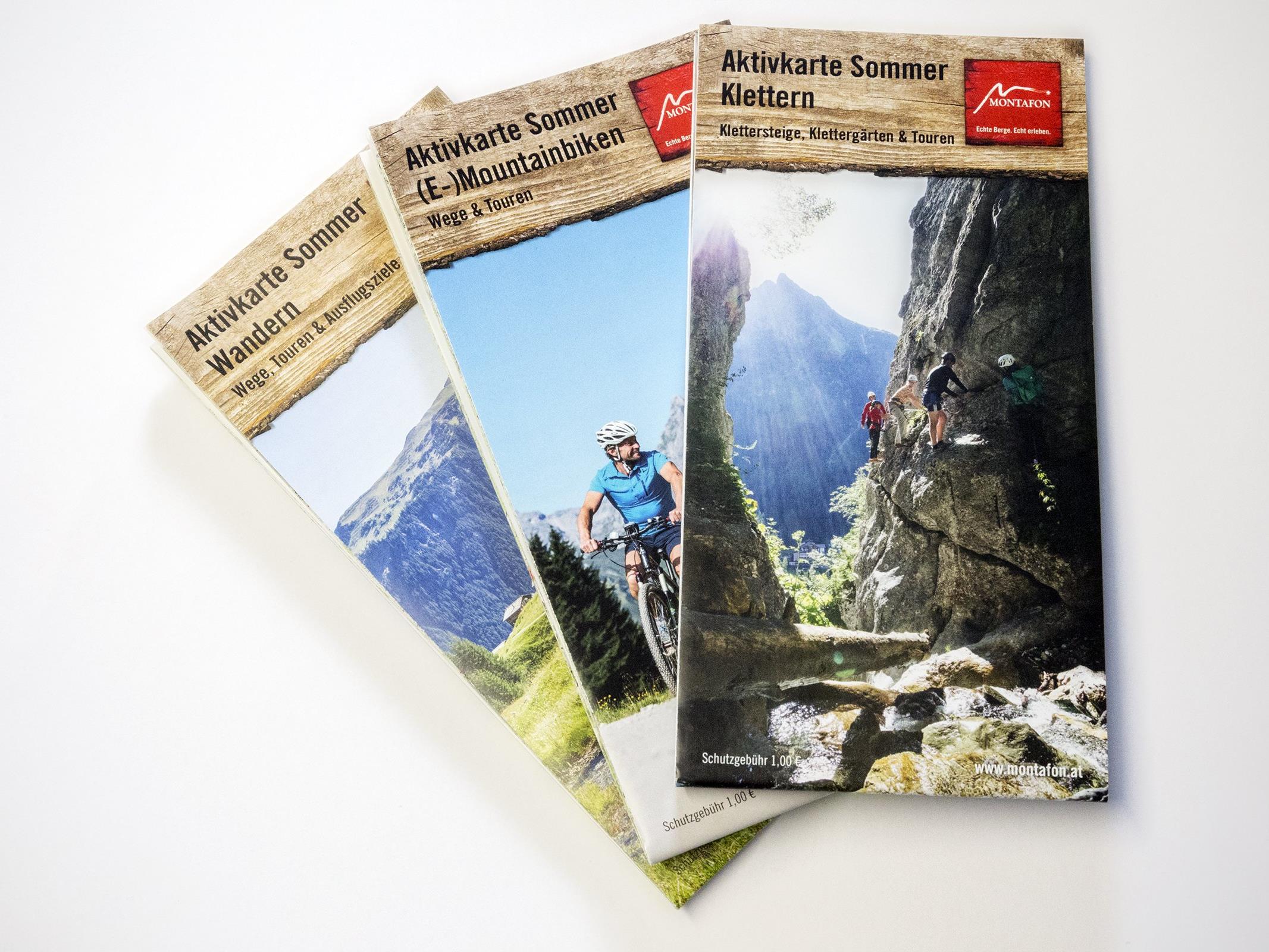 Die neuen Aktivkarten liegen in den drei Varianten Wandern, Klettern und (E-)Mountainbiken in allen Montafoner Tourismusbüros auf.