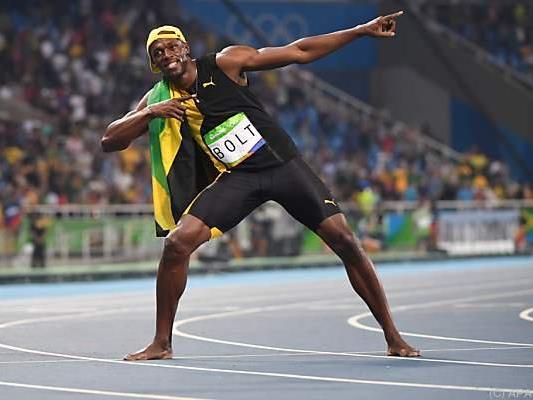 Bolt in seiner berühmter Siegerpse