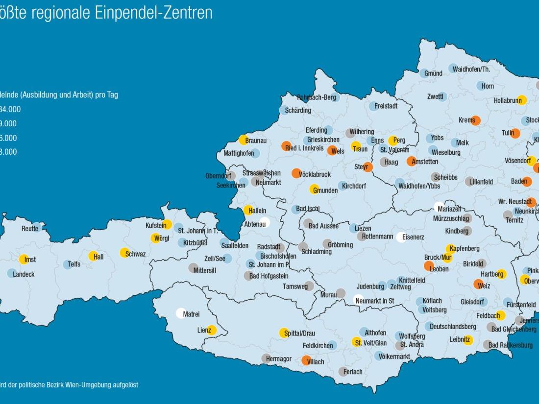 Österreichs größte regionale Einpendel-Zentren