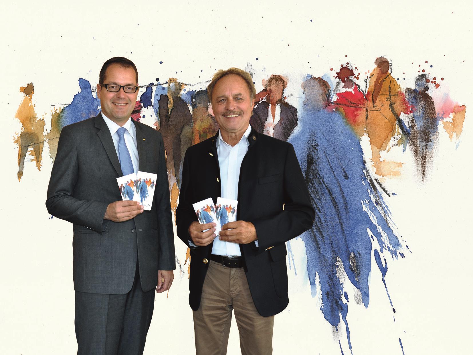 Unter dem Titel "Was zählt, sind die Menschen" präsentiert die Sparkasse Bregenz das Kunstsparbuch 2016, gestaltet von Künstler Gerhard Mangold (im Bild rechts mit Vorstandsdirektor Mag. Martin Jäger)