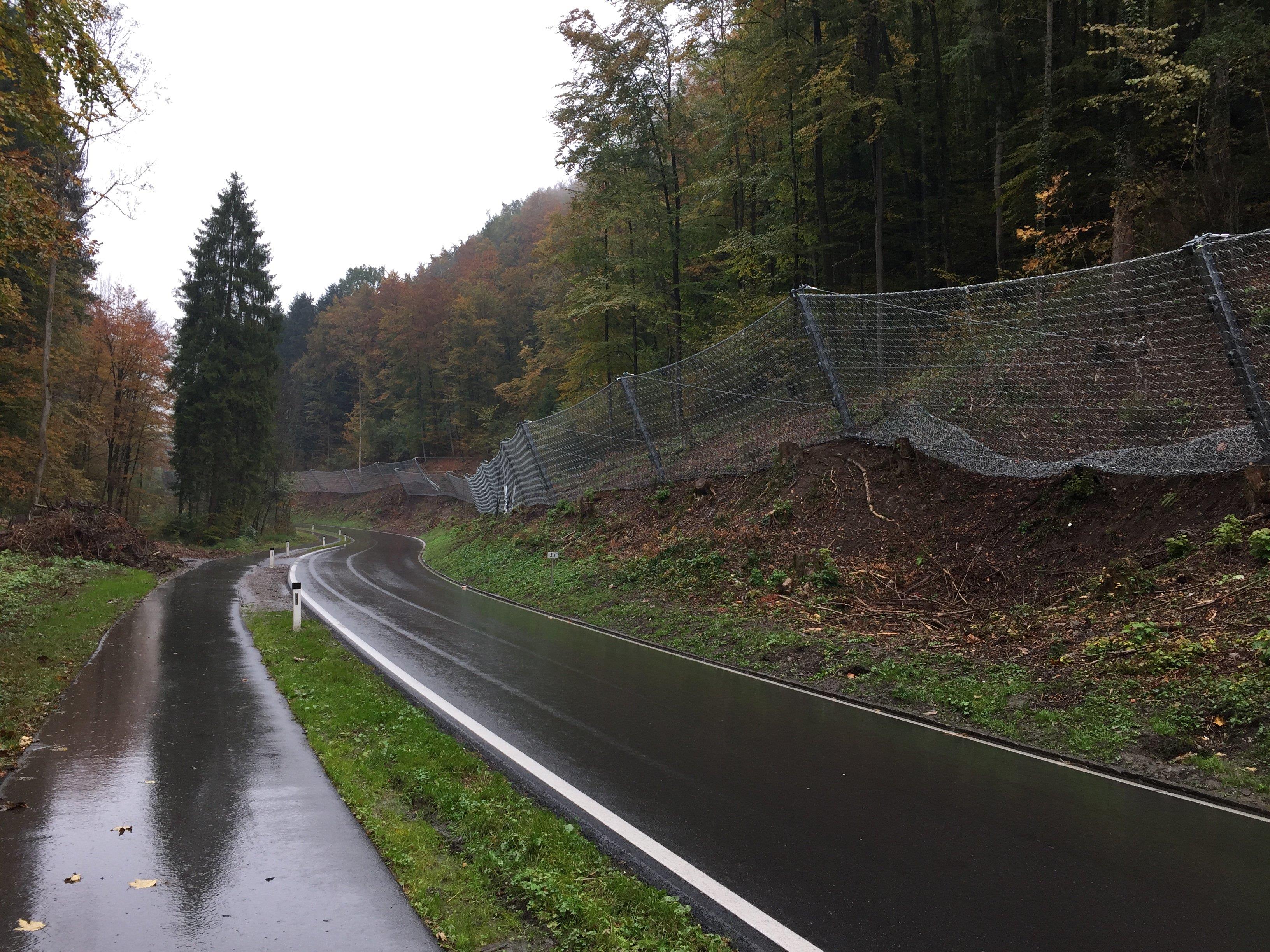 Die Steinschlagnetze sind fertig gestellt und der Verkehr kann wieder ungehindert den "Kluser Wald" passieren.