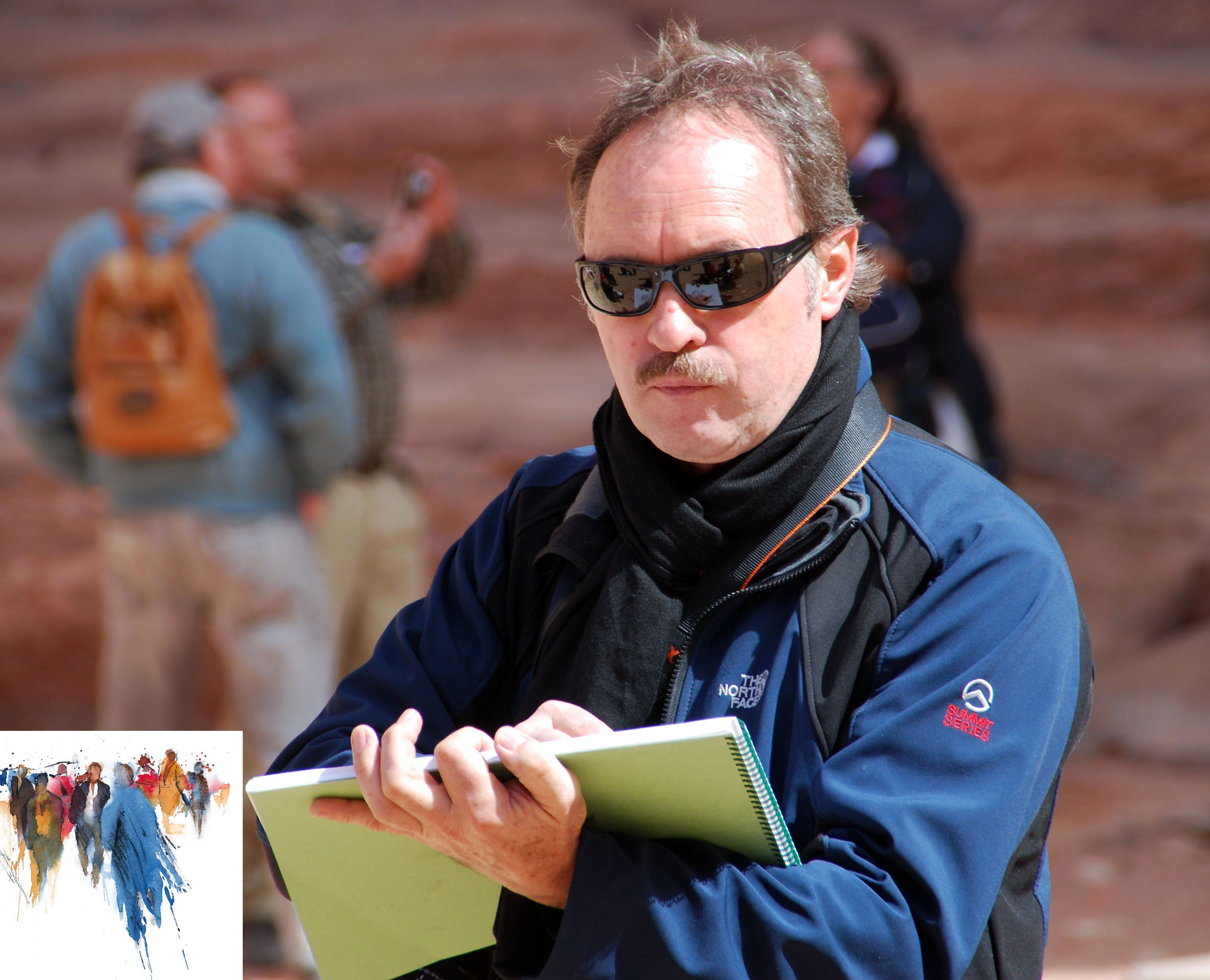 Mangold mit Skizzenblock in Petra, Jordanien. Kl. Bild links: Menschenbilder für Kunstsparbuch. Mangold mit Skizzenblock in Petra, Jordanien. Kl. Bild links: Menschenbilder für Kunstsparbuch.