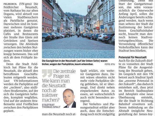Artikel VN-Heimat vom 9.2.2017: In der Neustadt sollen Parkplätze weichen, um Raum für Gastgärten und andere Nutzungen zu schaffen.