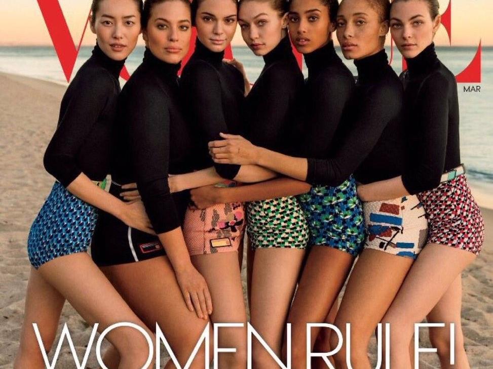 Die sieben Covergirls von links nach rechts: Liu Wen, Ashley Graham, Kendall Jenner, Gigi Hadid, Imaan Hammam, Adwoa Aboah und Vittoria Ceretti. Die sieben Covergirls von links nach rechts: Liu Wen, Ashley Graham, Kendall Jenner, Gigi Hadid, Imaan Hammam, Adwoa Aboah und Vittoria Ceretti.