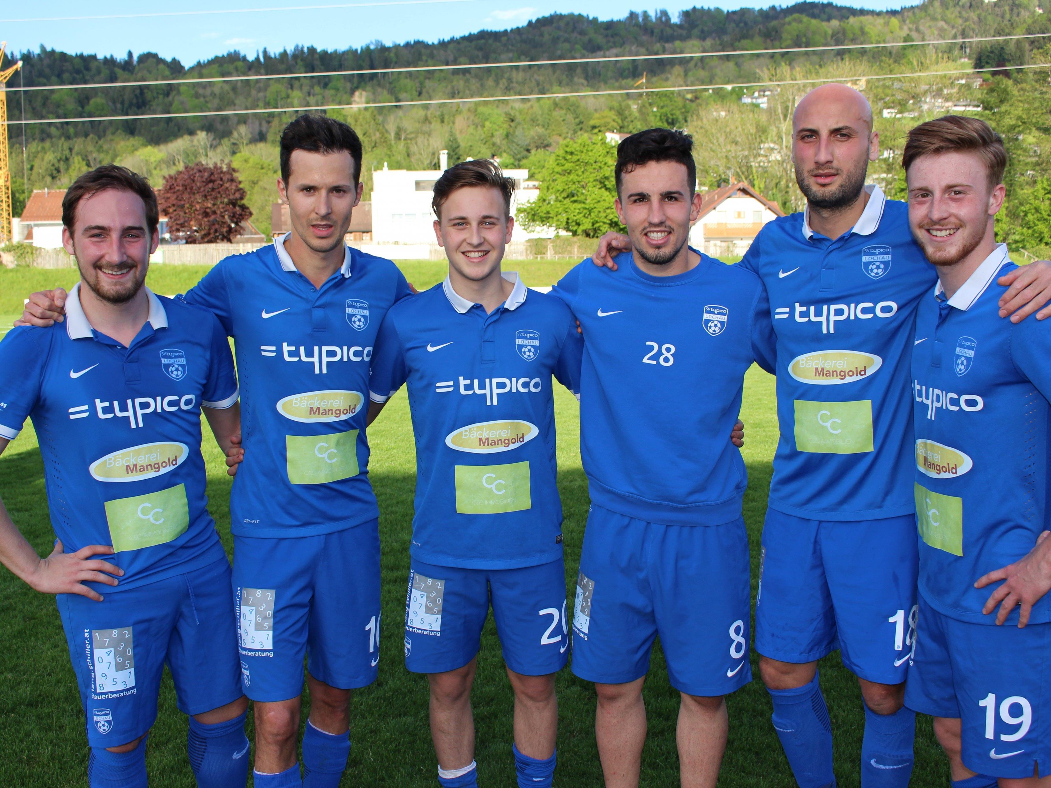 Die erfolgreichen Torschützen des SV Typico Lochau: Fabian Hämmerle (Freistoß), Fabian Fink (2), Kevin Prantl, Robin Lhotzky, Firat Özkarakaya und Patrick Prantl.