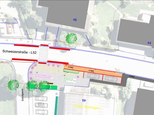 Entschärfung der Kreuzung Schweizerstraße (L52) / Schulgasse. Entschärfung der Kreuzung Schweizerstraße (L52) / Schulgasse.