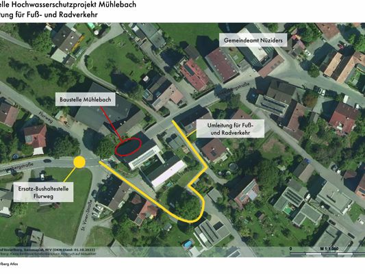 Baustelle Mühlebach: Umleitung für Fußgänger und Busse Baustelle Mühlebach: Umleitung für Fußgänger und Busse
